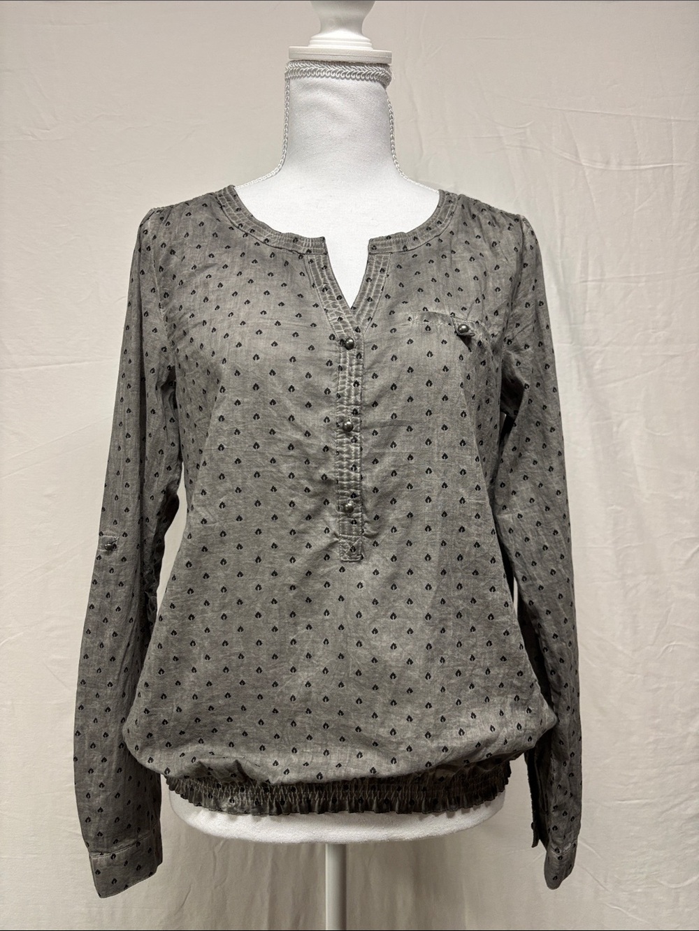 Bonobos Gray Notch Blouse with Subtle Dot Motif